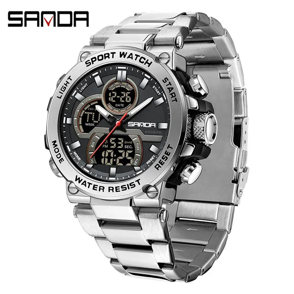 Solar-Powered Business Watch – Dual Display, Steel Band, Luminous Hands