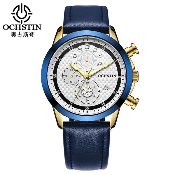 OCHSTIN Men’s Quartz Chronograph Watch – Waterproof, Leather Strap, Luminous Hands, Luxury Wristwatch