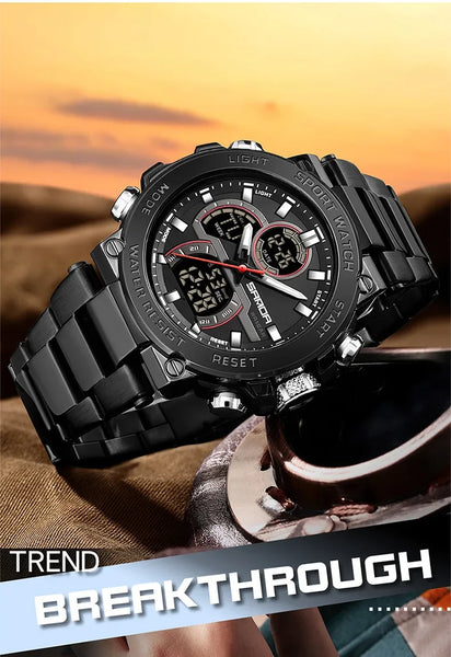 Solar-Powered Business Watch – Dual Display, Steel Band, Luminous Hands