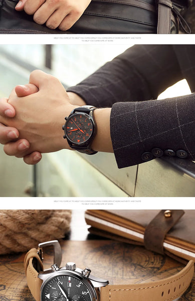 OCHSTIN Men’s Sports Watch – Waterproof Quartz, Calendar, Three-Eye Dial, Leather Strap, Fashion Casual