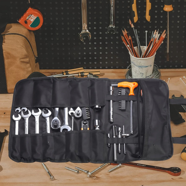 Canvas Roll Up Tool Bag, Multi-Purpose Tool Pouch with Zipped Compartments Heavy Duty Hanging Tool Organizer for Wrench Screwdriver