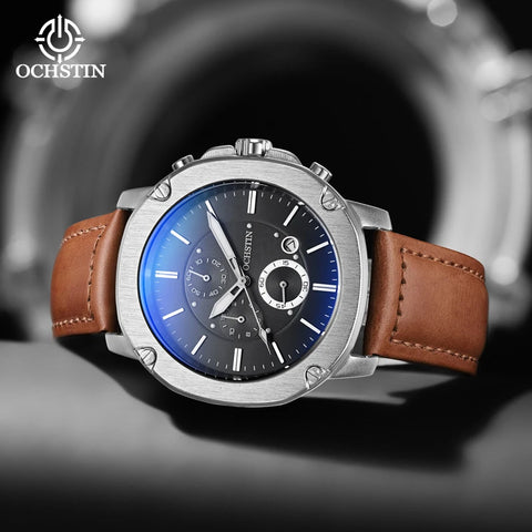 OCHSTIN Men’s Quartz Chronograph Watch – Waterproof, Leather Strap, Multifunction, Casual Business Style