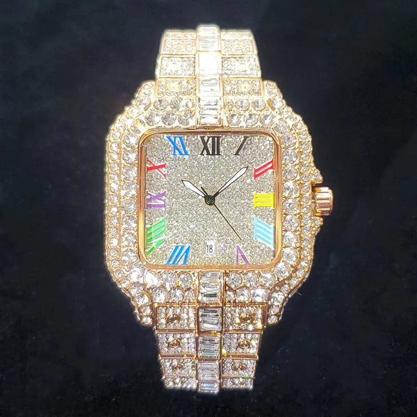 2025 Men's Iced Out Watch – Square, Diamond Bling, Colorful Numbers, Hip Hop Style