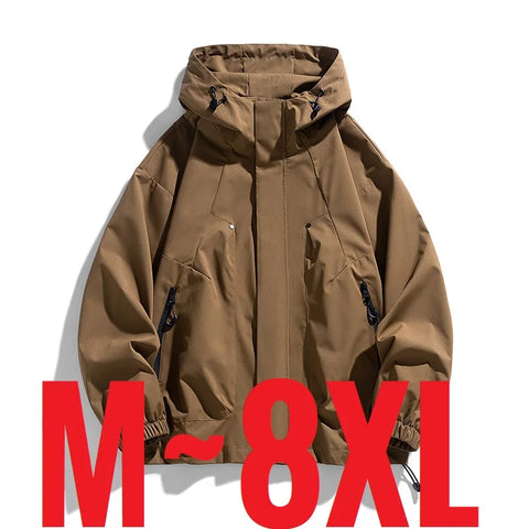 Men's Oversized Waterproof Bomber Jacket – Hooded Windbreaker, Plus Size, Hiking Coat