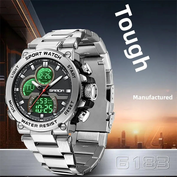 Solar-Powered Business Watch – Dual Display, Steel Band, Luminous Hands