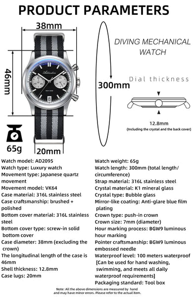 ADDIESDIVE Top Brand Man Watch BGW9 Super Luminous 10Bar Waterproof Bubble Mirror Glass VK64 Chronograph Quartz Steel Wristwatch