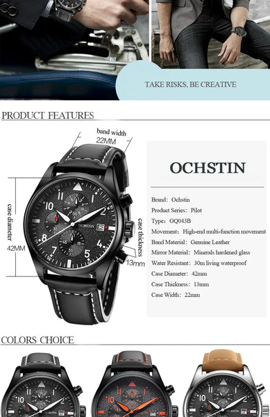 OCHSTIN Men’s Sports Watch – Waterproof Quartz, Calendar, Three-Eye Dial, Leather Strap, Fashion Casual