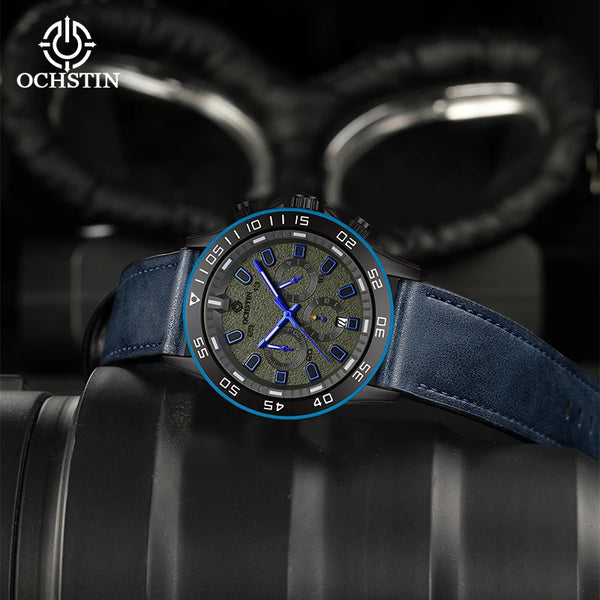 OCHSTIN Men’s Quartz Watch – Waterproof, Leather Strap, 24-Hour Display, Multifunction Classic Wristwatch