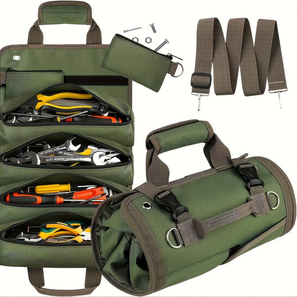 Heavy-Duty Roll-Up Tool Bag - Oxford Fabric Multi-Tool Organizer All-in-One Garage Storage for Mechanics/Electricians/Carpenters