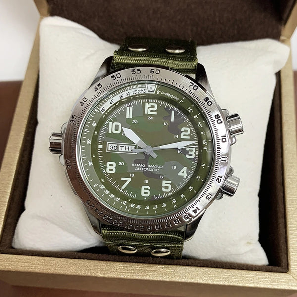 Men’s Military Watch – Double Calendar, Luminous, Camouflage Strap, Army Green, Black/Blue, Quartz