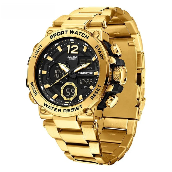 Solar-Powered Business Watch – Dual Display, Steel Band, Luminous Hands