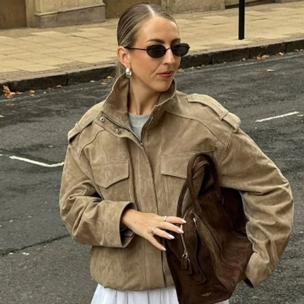 HXAO Leather Jacket Women Autumn Oversized Bomber Jacket New In Coats & Jackets Stand Collar Long Sleeve Tops Fashion Outerwear