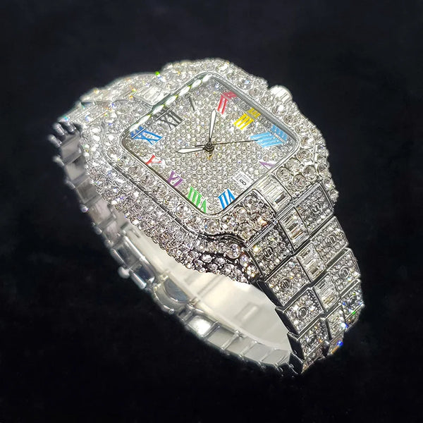 2025 Men's Iced Out Watch – Square, Diamond Bling, Colorful Numbers, Hip Hop Style
