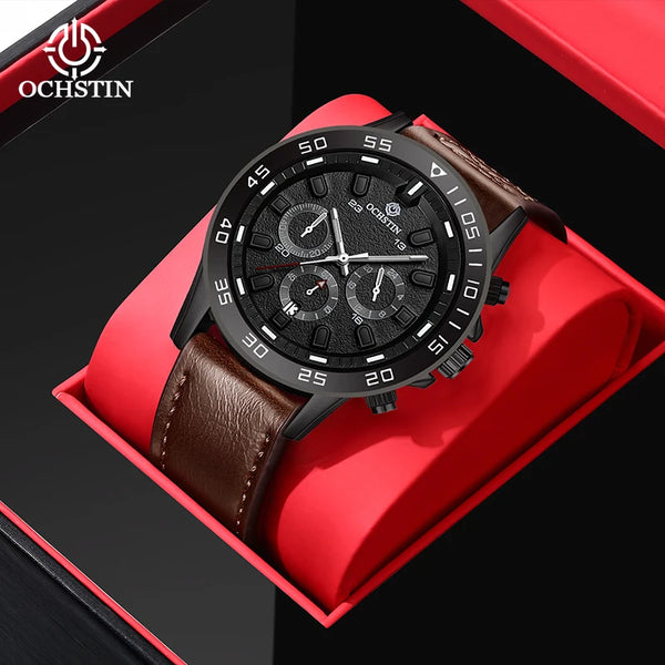 OCHSTIN Men’s Quartz Watch – Waterproof, Leather Strap, 24-Hour Display, Multifunction Classic Wristwatch