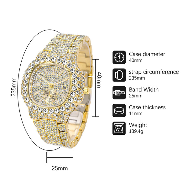 MISSFOX Men's Iced Out Watch – 18K Gold, Full Diamond, Auto Date, Waterproof