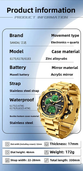 Solar-Powered Business Watch – Dual Display, Steel Band, Luminous Hands