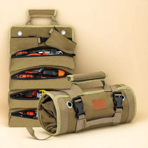 Heavy Duty Roll Up Tool Bag Portable Tool Organizer with 2 Small Pouches for Mechanics Foldable Storage Solution