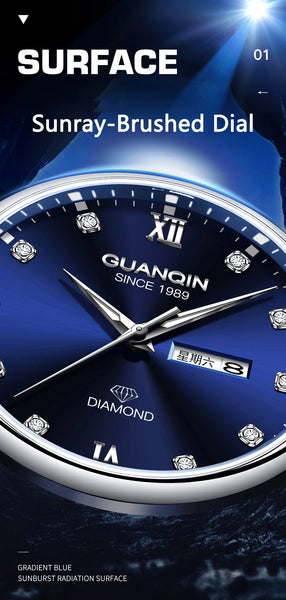 GUANQIN Men's Luxury Quartz Watch – Dual-Language Date, Waterproof, Luminous