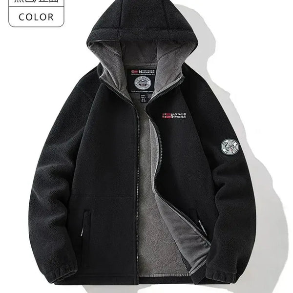 Norway Men's Plus Size Polar Fleece Jacket – Thick Double-Layer Hooded Winter Coat, Warm Fleece-Lined Outdoor Outerwear