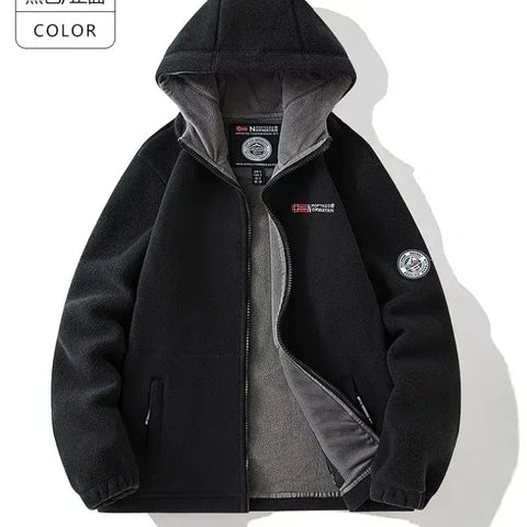 Norway Men's Plus Size Polar Fleece Jacket – Thick Double-Layer Hooded Winter Coat, Warm Fleece-Lined Outdoor Outerwear