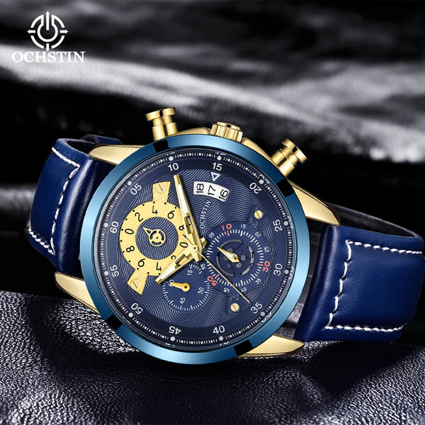 OCHSTIN Men’s Quartz Watch – Waterproof, Leather-Covered Rubber Strap, Classic Casual Wristwatch