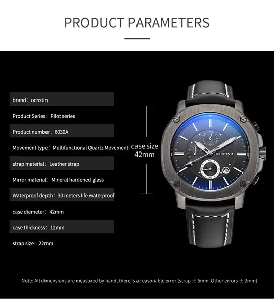 OCHSTIN Men’s Quartz Chronograph Watch – Waterproof, Leather Strap, Multifunction, Casual Business Style