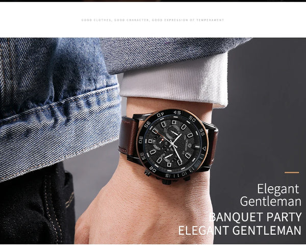 OCHSTIN Men’s Quartz Watch – Waterproof, Leather Strap, 24-Hour Display, Multifunction Classic Wristwatch