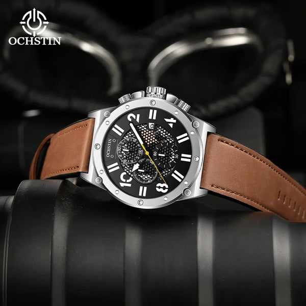OCHSTIN Men’s Quartz Watch – Waterproof, Leather Strap, Luminous Hands, Multifunction Chronograph