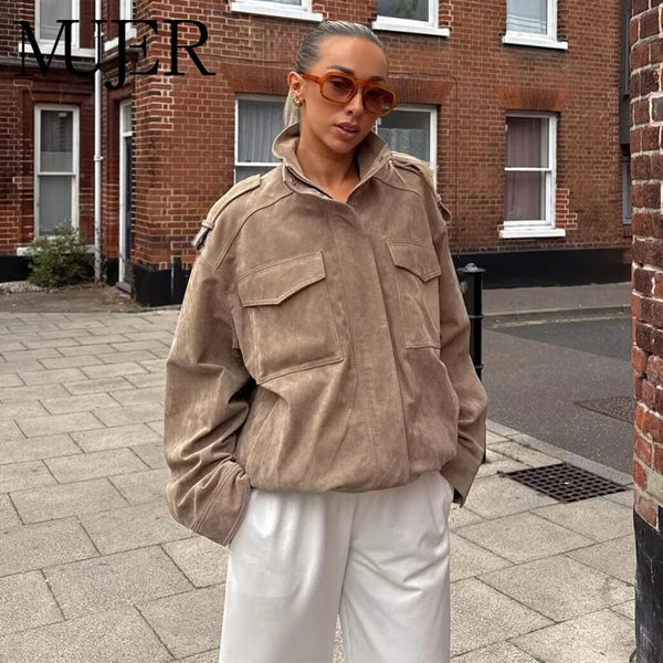 Women's Oversized Suede Bomber Jacket – Zip Up, Demi-Season, Winter Outerwear