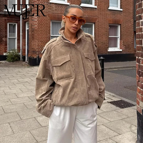 Women's Oversized Suede Bomber Jacket – Zip Up, Demi-Season, Winter Outerwear