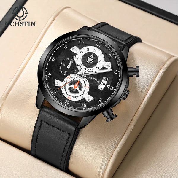 OCHSTIN Men’s Quartz Watch – Waterproof, Leather-Covered Rubber Strap, Classic Casual Wristwatch