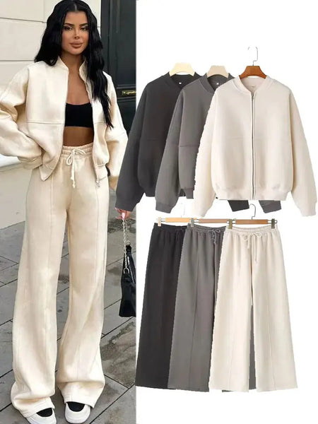 HH Women's 2-Piece Tracksuit Set – Retro Solid Color Bomber Jacket Sweatshirt + High-Waisted Lace-Up Velvet Pants