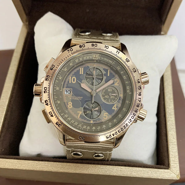 Men's Chronograph Watch – Blue Camouflage Dial, Yellow Accents, Luminous Hands, Leather Canvas Strap, Multifunction Movement