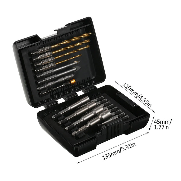 The 15PCS Drill & Screwdriver Bit Set is a compact, versatile kit designed for power tools, ideal for drilling into wood, metal, steel, and handling security screws. It’s perfect for DIY tasks, furniture assembly, and gener
