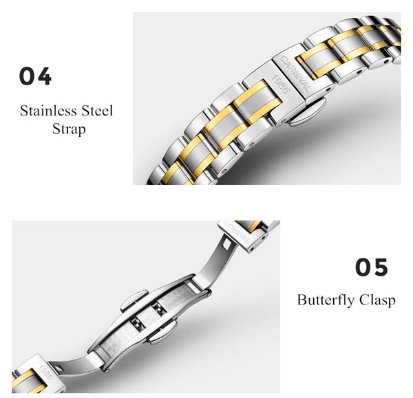 CARNIVAL Women’s Automatic Watch – Luxury Sapphire Mechanical, Calendar, Luminous, Waterproof Reloj Mujer