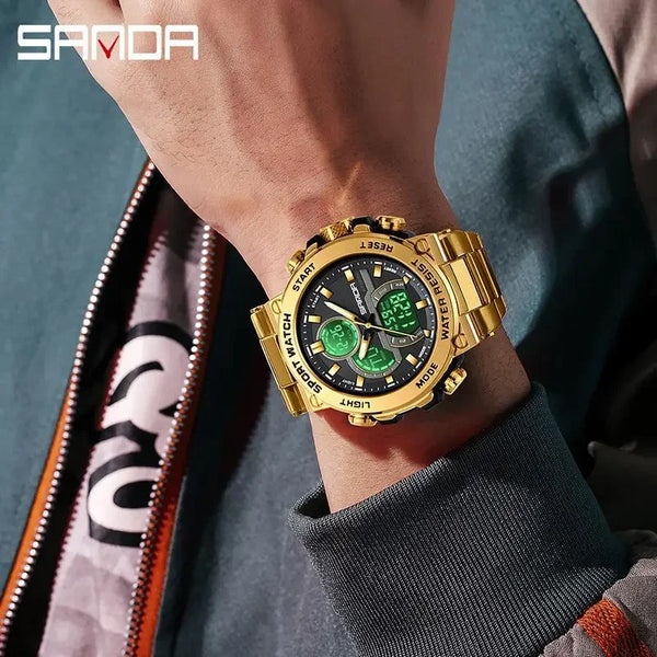 Solar-Powered Business Watch – Dual Display, Steel Band, Luminous Hands