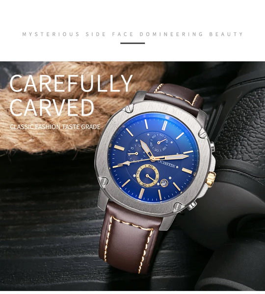 OCHSTIN Men’s Quartz Chronograph Watch – Waterproof, Leather Strap, Multifunction, Casual Business Style