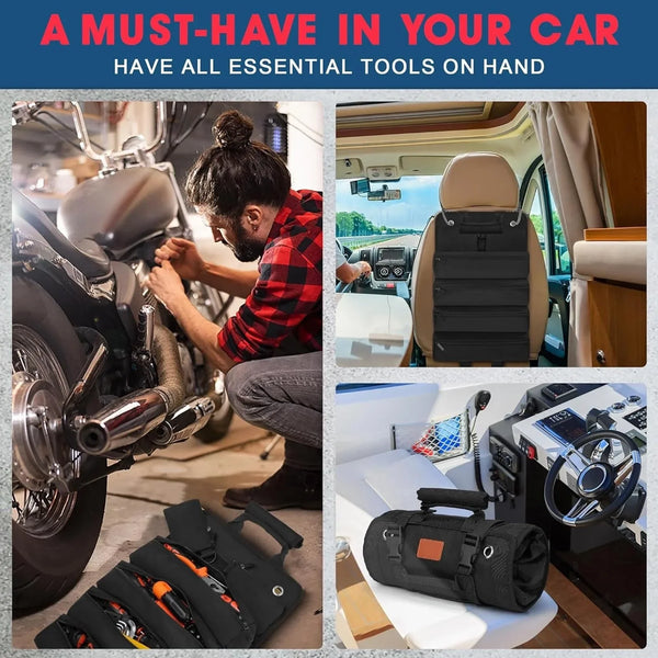 Heavy Duty Roll Up Tool Bag Portable Tool Organizer with 2 Small Pouches for Mechanics Foldable Storage Solution