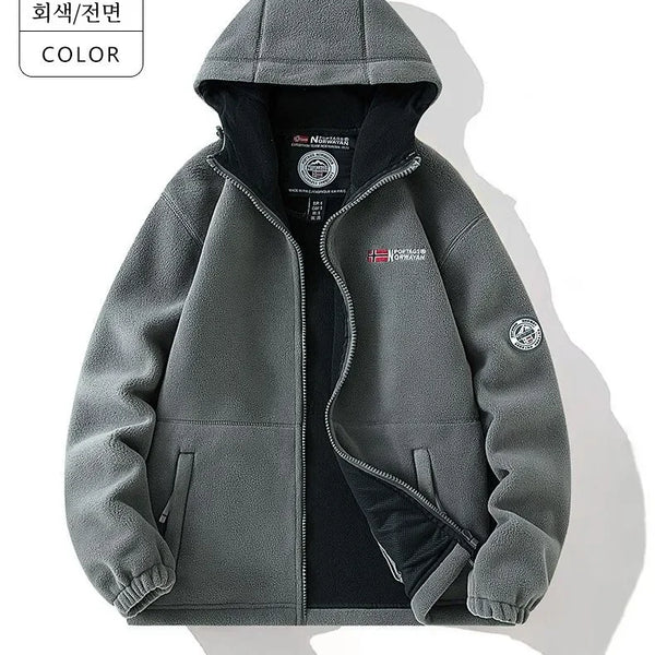 Norway Men's Plus Size Polar Fleece Jacket – Thick Double-Layer Hooded Winter Coat, Warm Fleece-Lined Outdoor Outerwear