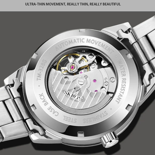 2024 New Design SKROX Original Luxury Luminous Skeleton Automatic Mechanical Watch Male Steel Strip Sports Waterproof