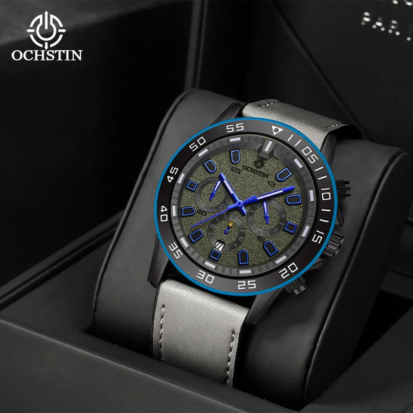 OCHSTIN Men’s Quartz Watch – Waterproof, Leather Strap, 24-Hour Display, Multifunction Classic Wristwatch