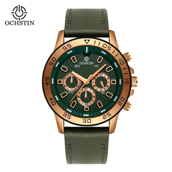 OCHSTIN Men’s Quartz Watch – Waterproof, Leather Strap, 24-Hour Display, Multifunction Classic Wristwatch