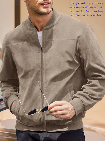 Men's Suede Bomber Jacket – Solid Color, Round Neck, Zipper Closure, Casual Sport & Golf Outerwear