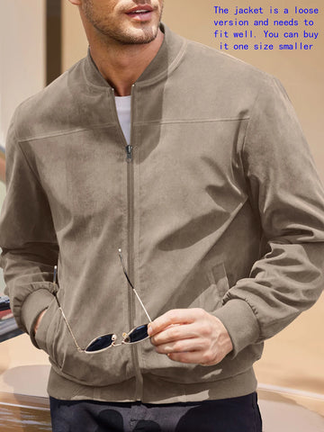 Men's Suede Bomber Jacket – Solid Color, Round Neck, Zipper Closure, Casual Sport & Golf Outerwear