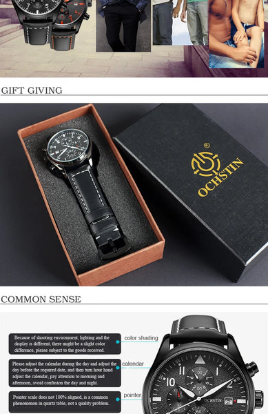 OCHSTIN Men’s Sports Watch – Waterproof Quartz, Calendar, Three-Eye Dial, Leather Strap, Fashion Casual