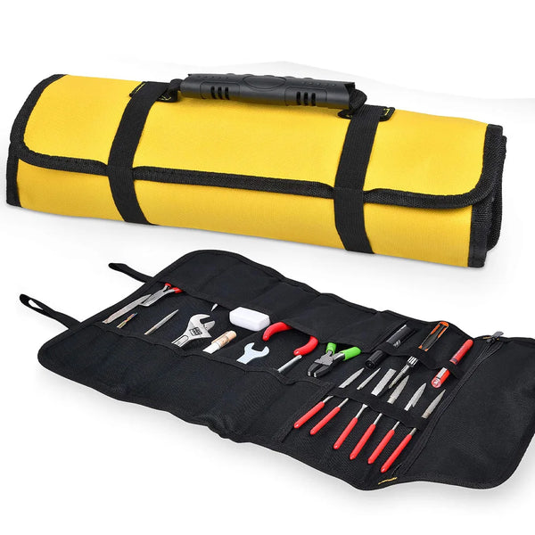 Canvas Roll Up Tool Bag, Multi-Purpose Tool Pouch with Zipped Compartments Heavy Duty Hanging Tool Organizer for Wrench Screwdriver