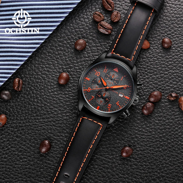 OCHSTIN Men’s Sports Watch – Waterproof Quartz, Calendar, Three-Eye Dial, Leather Strap, Fashion Casual