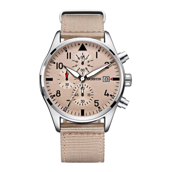 OCHSTIN Men’s Sports Watch – Waterproof Quartz, Calendar, Three-Eye Dial, Leather Strap, Fashion Casual