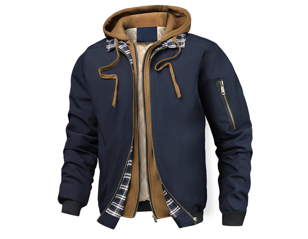 Men's Warm Bomber Jacket – Autumn Winter Hooded Windbreaker, Hiking Parka, Thermal Zip