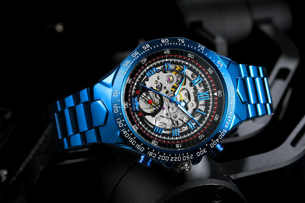 2024 Blue Dial Stainless Steel Skeleton Mechanical Automatic Watch Military Waterproof Male Wrist Watches High End Luxury